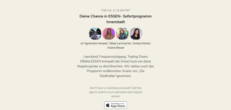 Clubhouse Talk: Deine Chance in Essen - Sofortprogramm Innenstadt