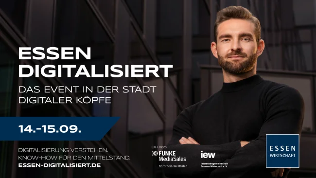 Eine Grafik, die auf das Event "Essen Digitalisiert" hinweist. Links Infos, rechts ein Mann im schwarzen Rollkragenpulli.